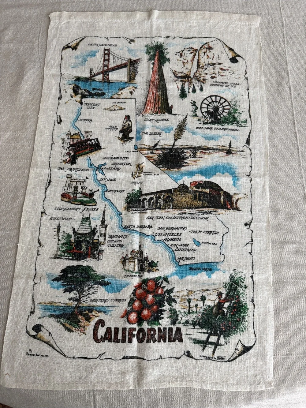 VTG Kay Dee California Souvenir 100% Pure Linen Tea Towel